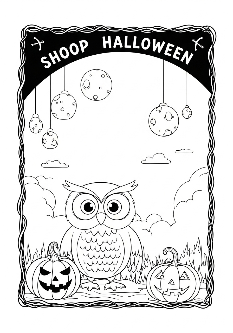 Desenho de Coruja fofa com abóboras para colorir