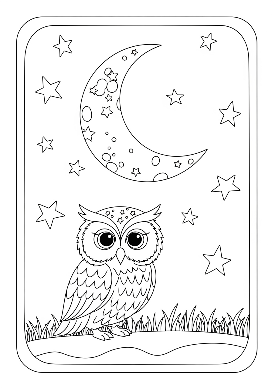 Desenho de coruja sob lua e estrelas para colorir