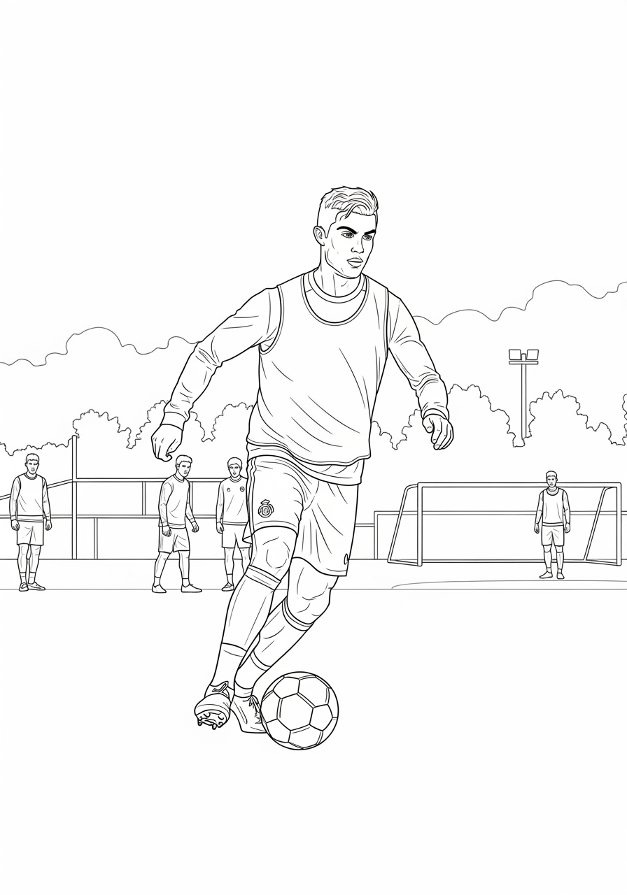 Desenho do Cristiano Ronaldo driblando no campo para colorir
