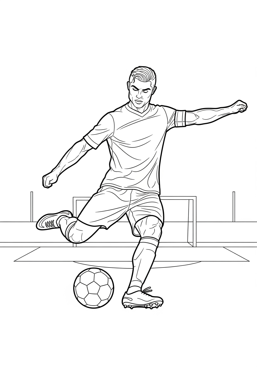 Desenho do Cristiano Ronaldo chutando bola para colorir