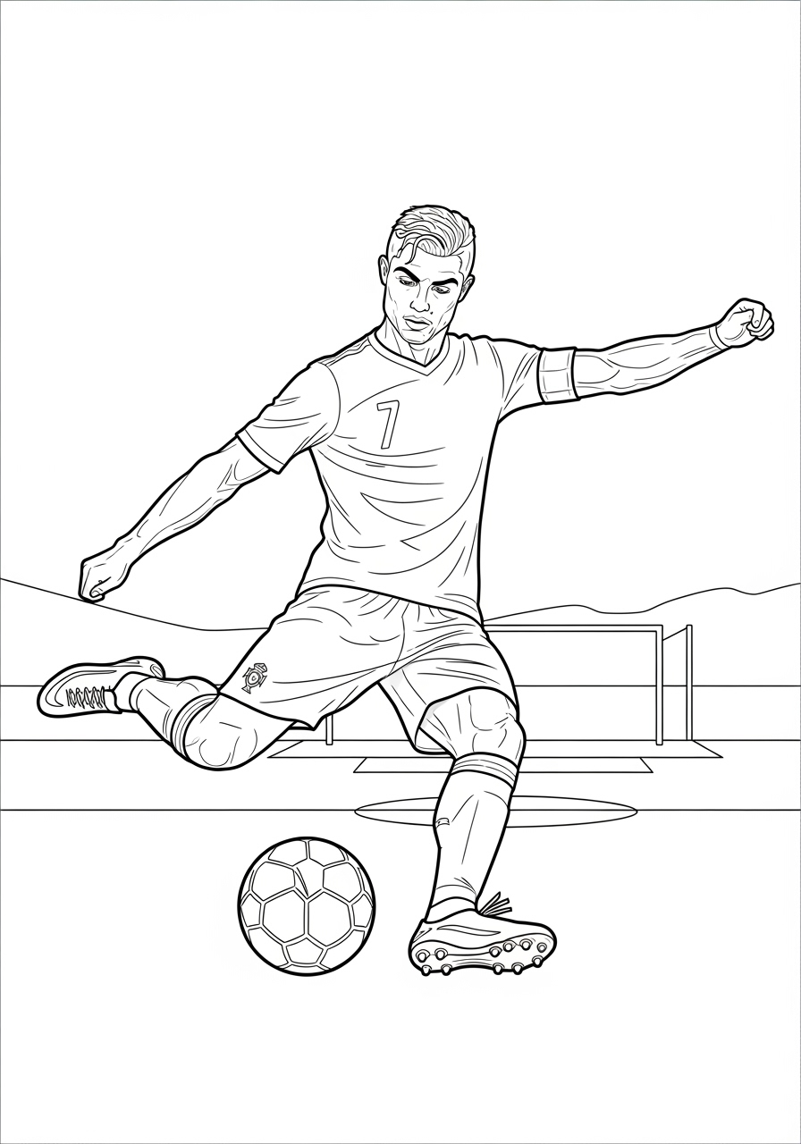 Desenho do Cristiano Ronaldo chutando bola para colorir