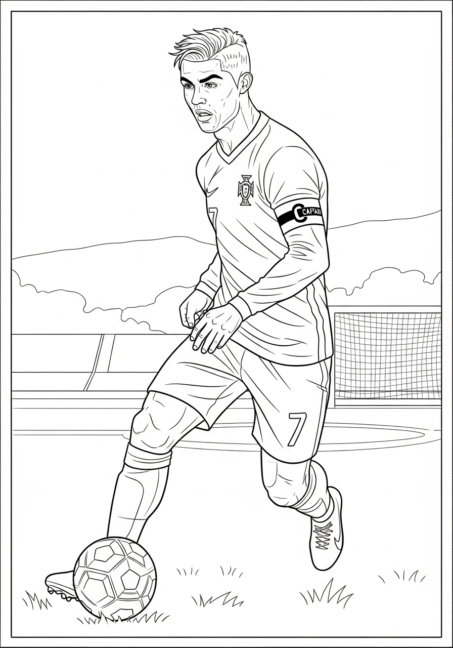Desenho do Cristiano Ronaldo com bola no gramado