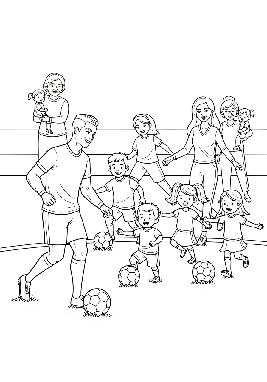 Desenho do Cristiano Ronaldo com crianças jogando futebol