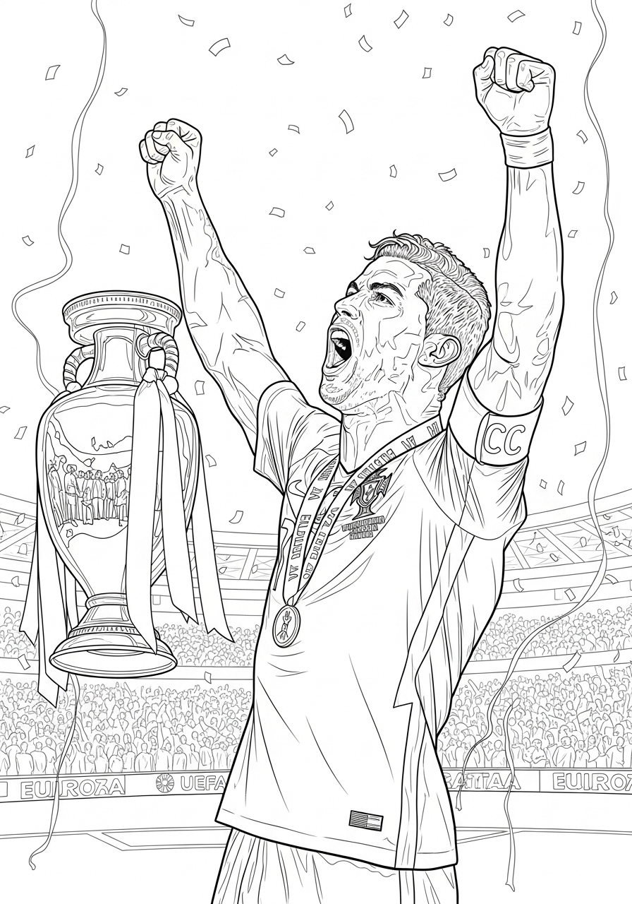 Desenho do Cristiano Ronaldo comemorando com troféu