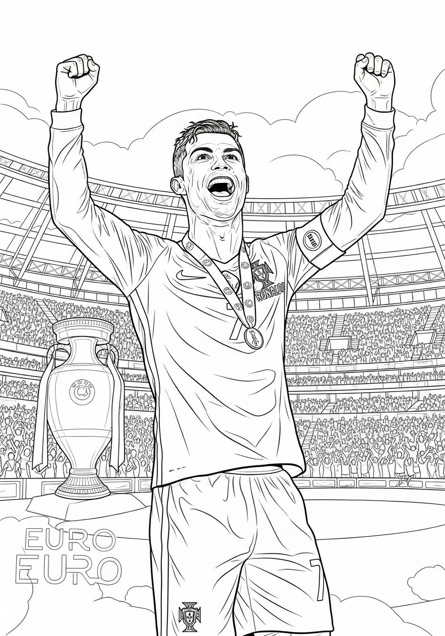 Desenho do Cristiano Ronaldo comemorando com troféu