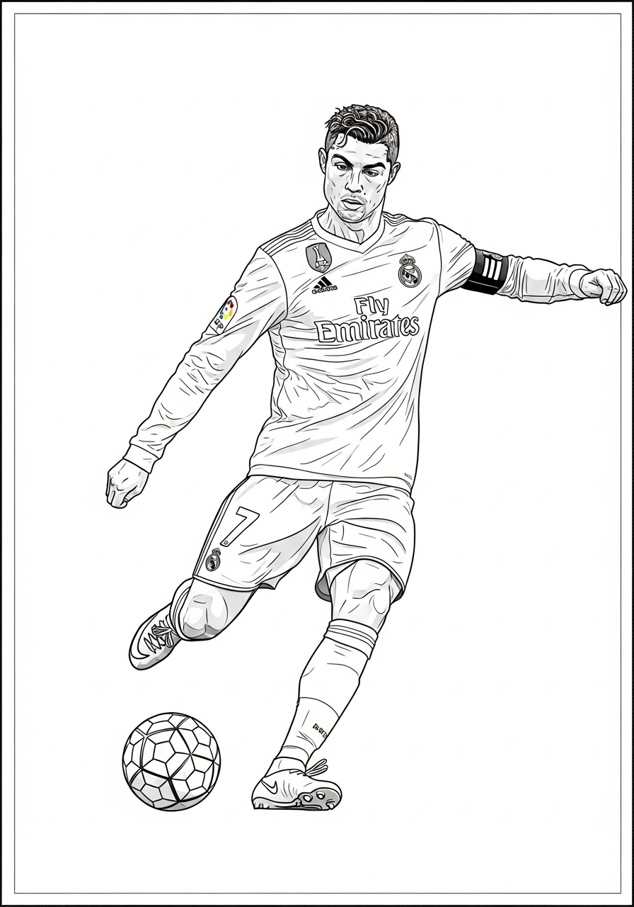 Desenho do Cristiano Ronaldo chutando bola para colorir