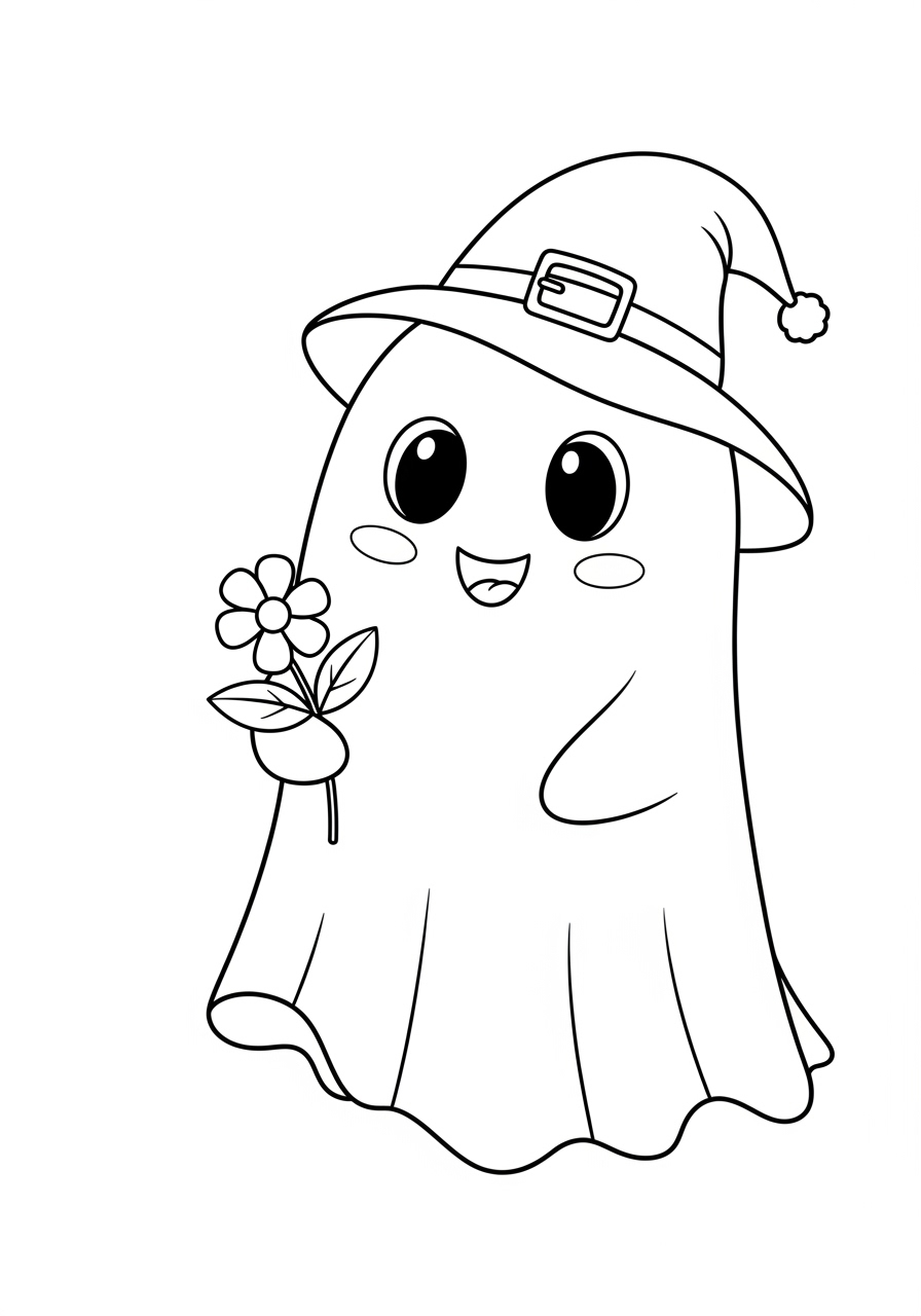 Desenho Fofo de um fantasma com chapéu e flor para colorir