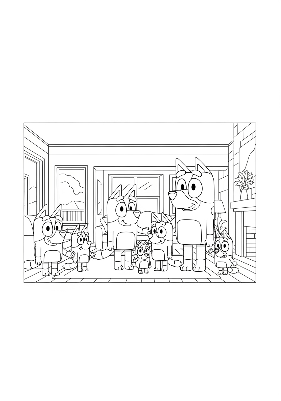 Desenho de Bluey e seus amigos na sala para colorir