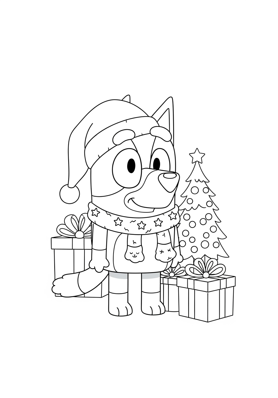 Desenho Bluey Natal com presentes para imprimir e colorir