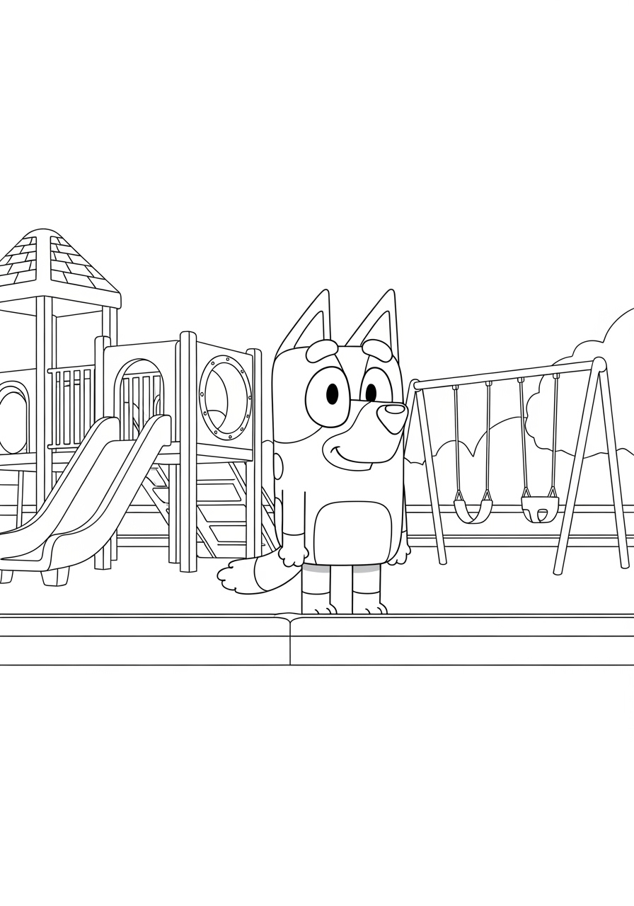 Desenho Bluey no parque para imprimir e colorir