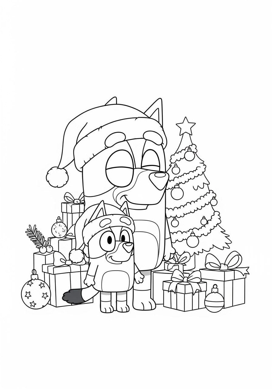 Desenho Bluey e Bingo com presentes e árvore de Natal