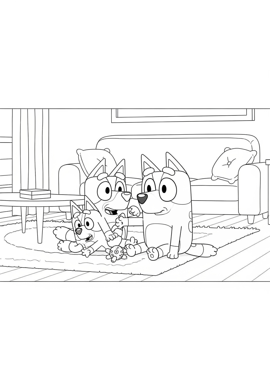 Desenho Bluey Bingo e Coco Brincando para imprimir e colorir