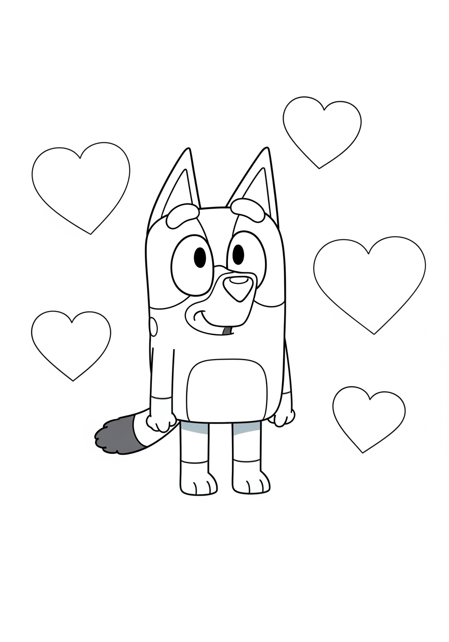 Desenho Bluey com corações para imprimir e colorir