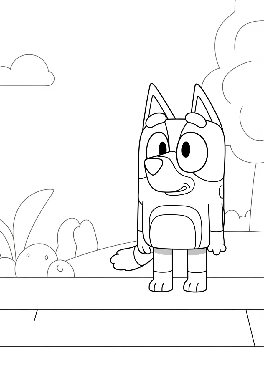 Desenho Bluey Sozinha em um Jardim para imprimir e colorir
