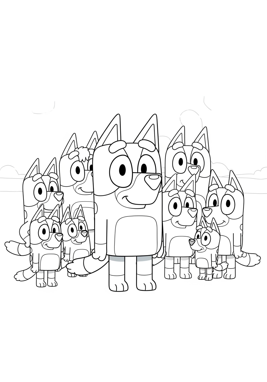 Desenho Bluey e família em grupo para imprimir e colorir