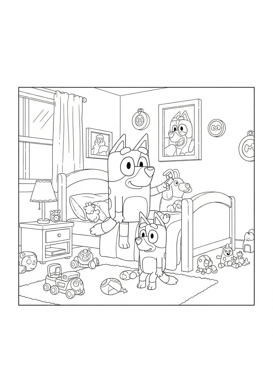 Desenho Bluey e Bingo no quarto para imprimir e colorir