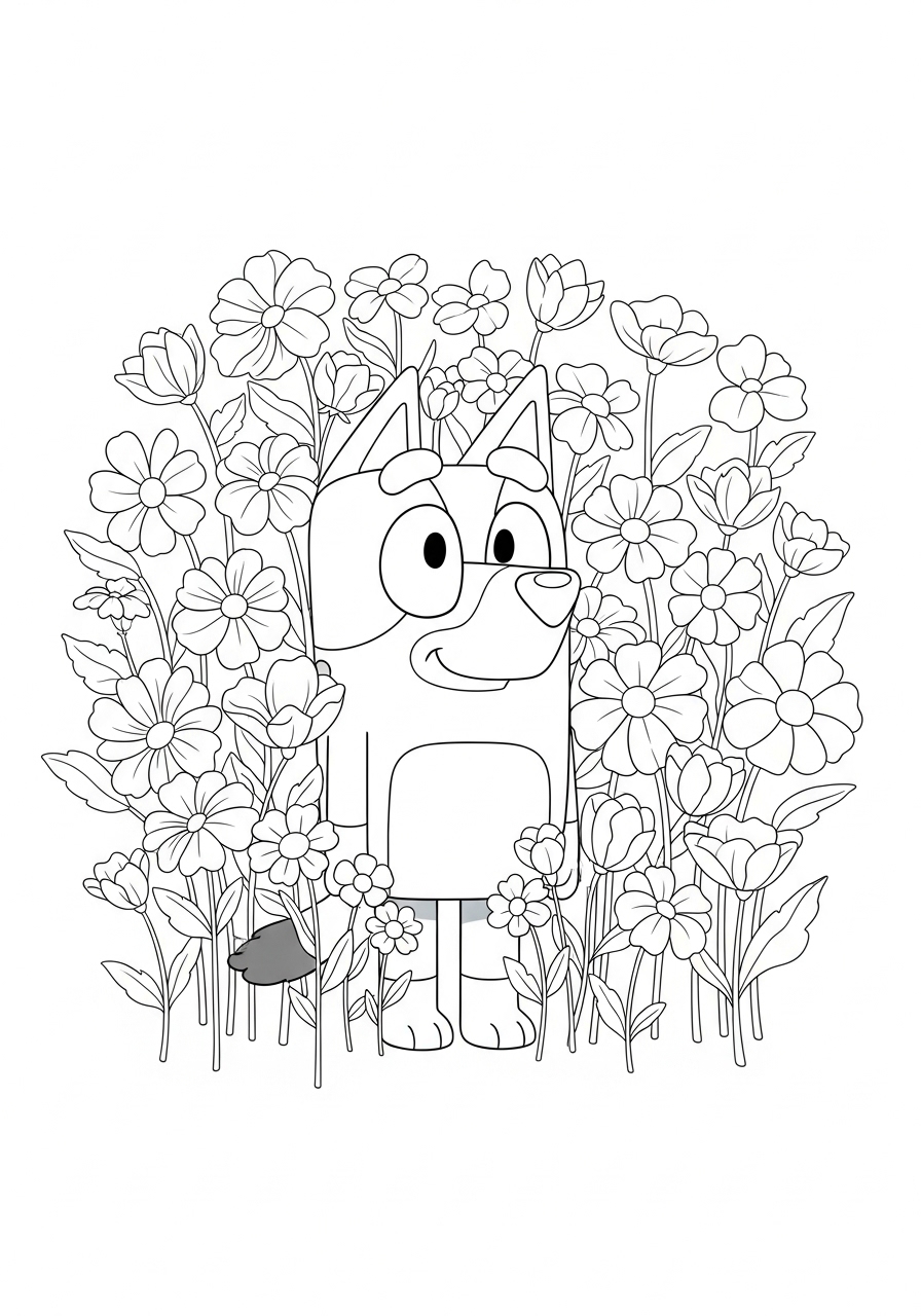 Desenho Bluey em meio a flores para imprimir e colorir