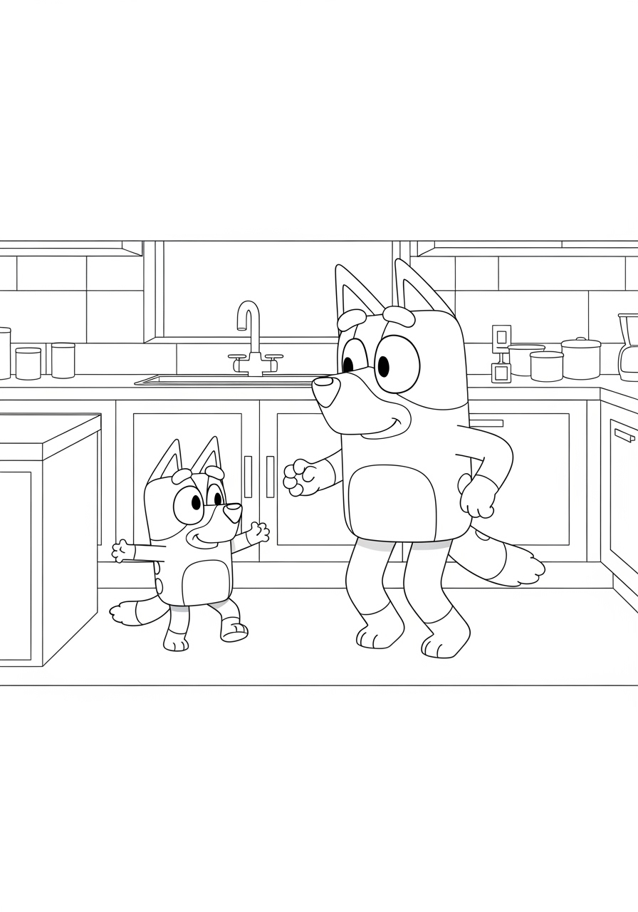 Desenho Bluey e Bingo na cozinha para imprimir e colorir