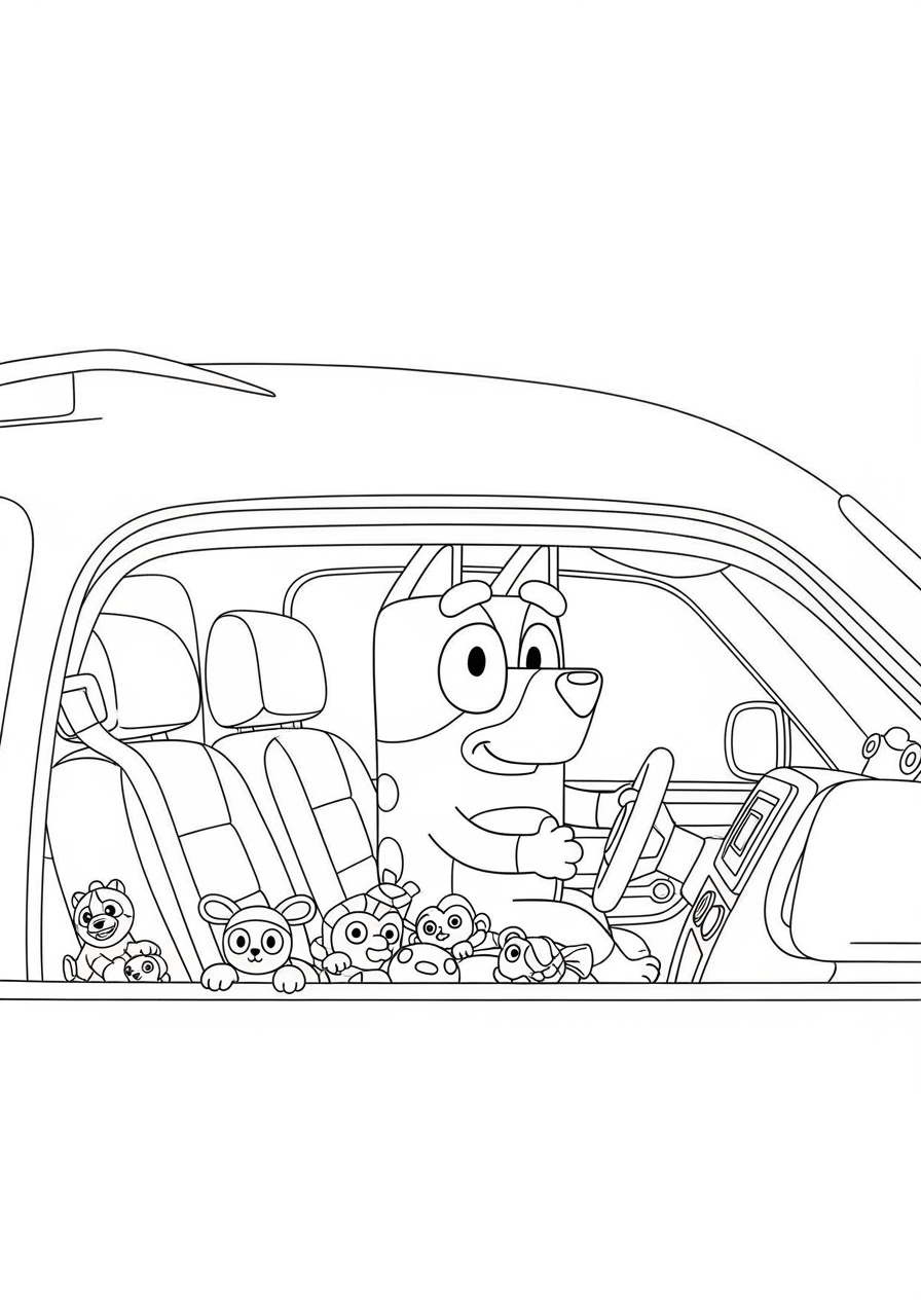 Desenho Bluey Dirigindo com Ursinhos para imprimir e colorir