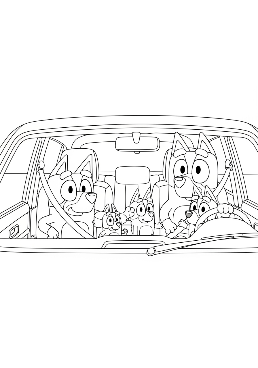 Desenho Bluey e família no carro para imprimir e colorir
