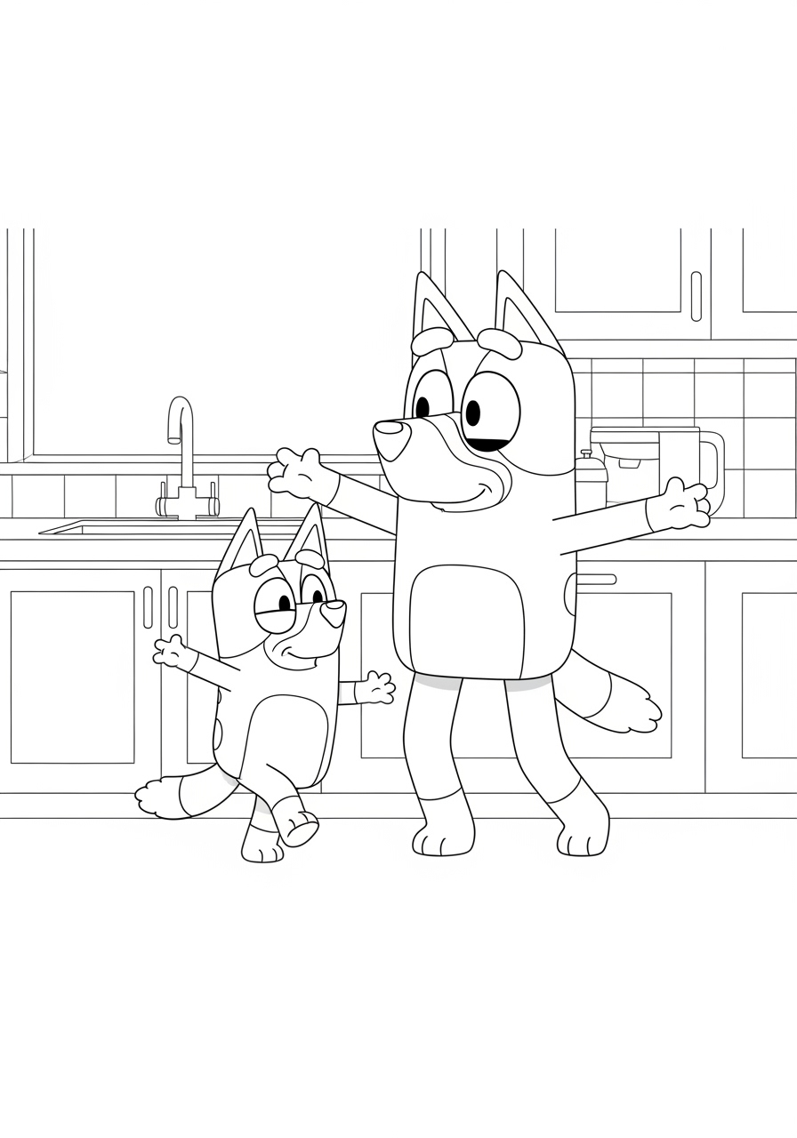 Desenho Bluey e Bingo Dançando para imprimir e colorir