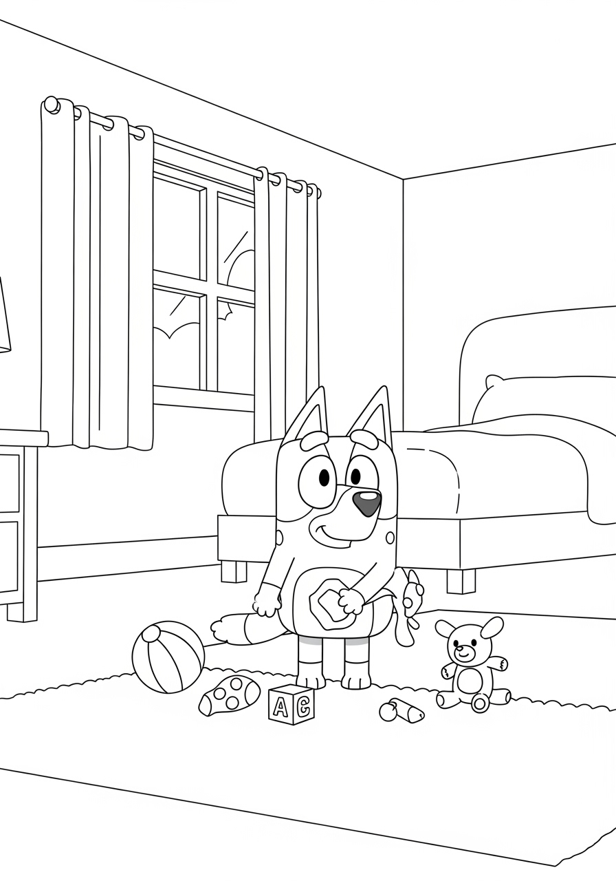 Desenho Bluey Brincando em Quarto para imprimir e colorir
