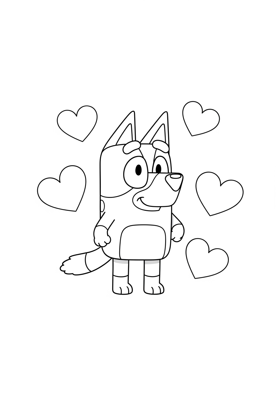 Desenho Bluey com corações para imprimir e colorir