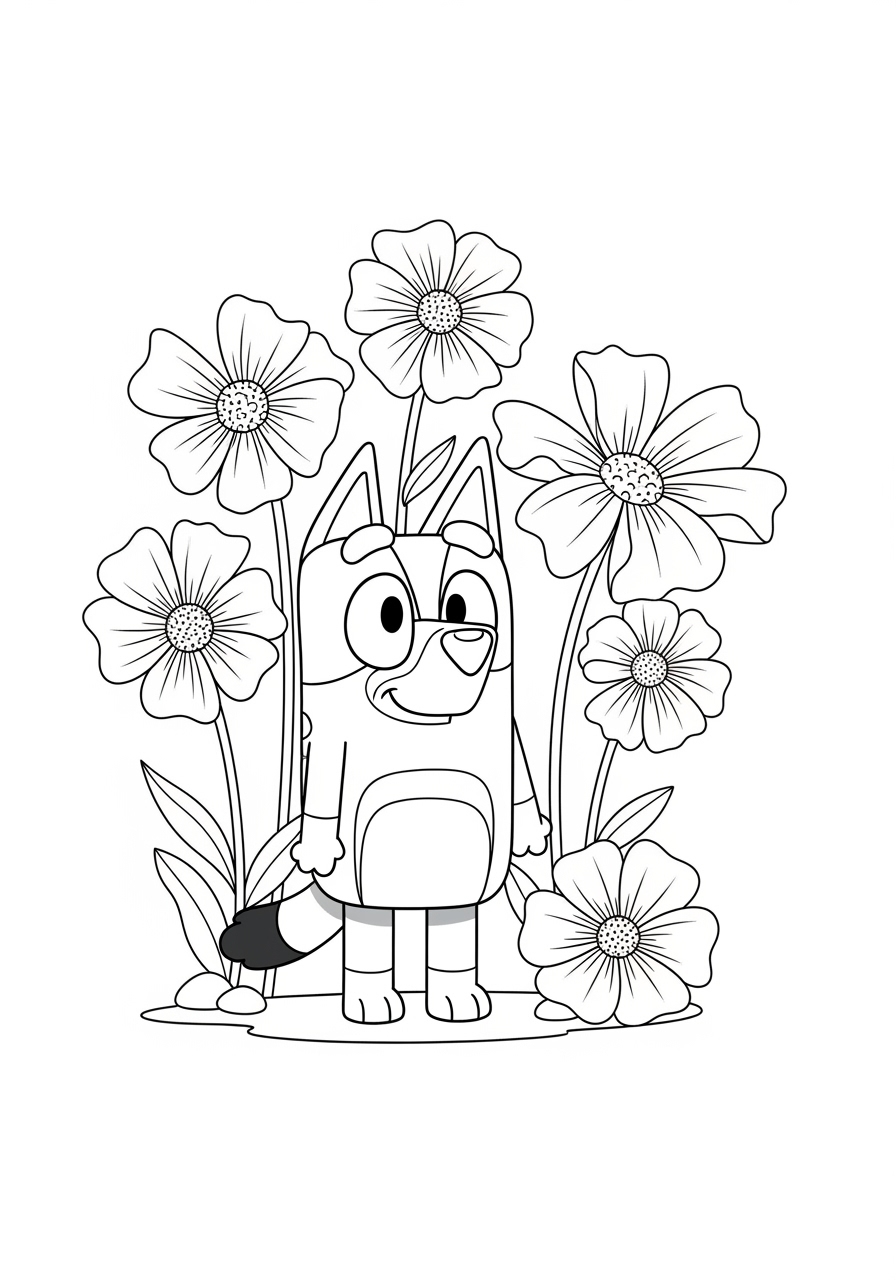 Desenho Bluey Perto de Flores para imprimir e colorir
