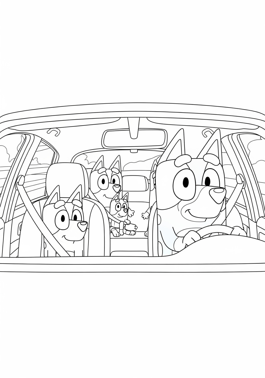 Desenho Bluey e família no carro para imprimir e colorir