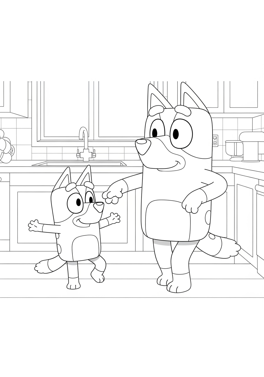 Desenho Bluey e Bandit na cozinha para imprimir e colorir