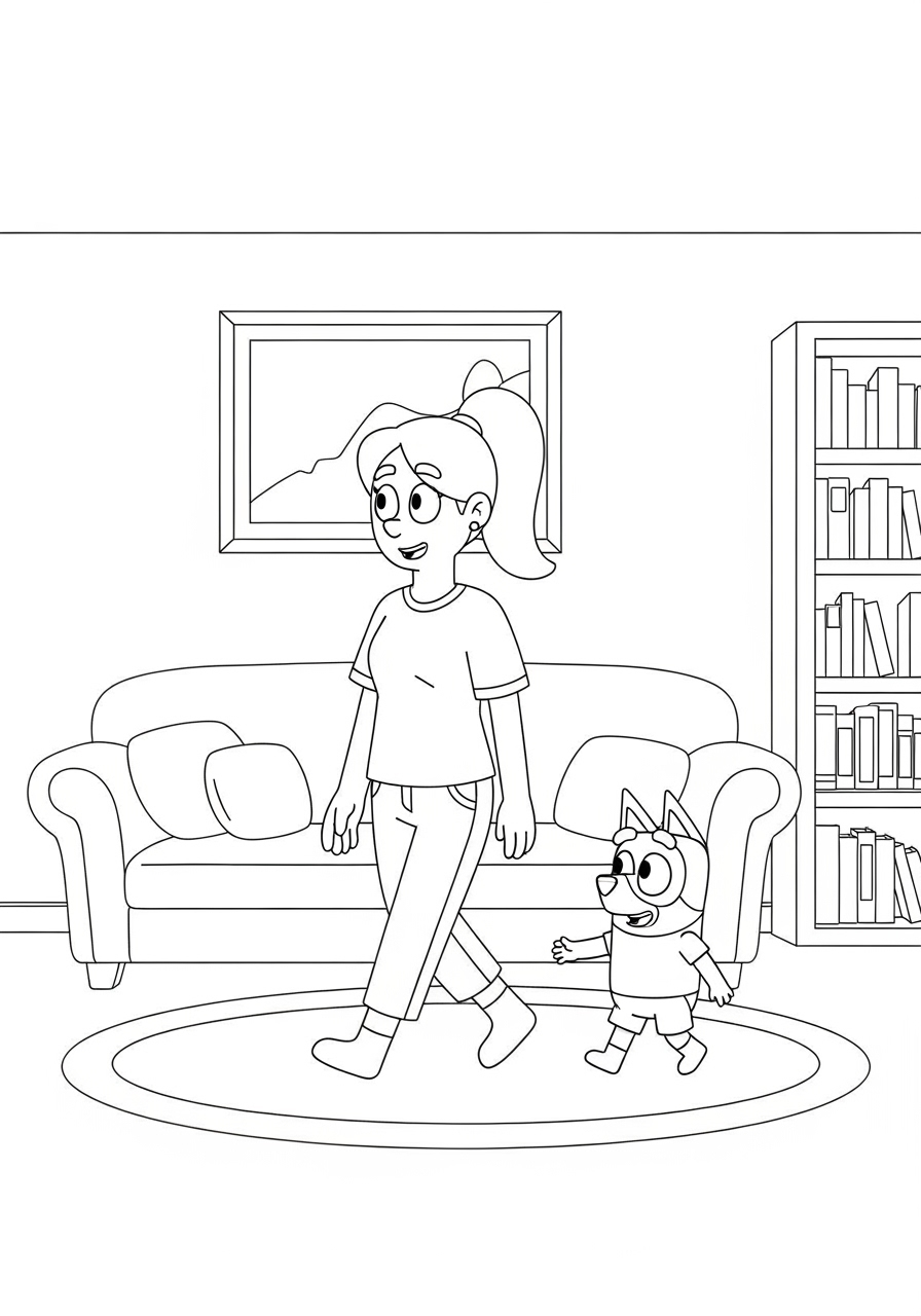Desenho Bluey e sua mãe na sala para imprimir e colorir