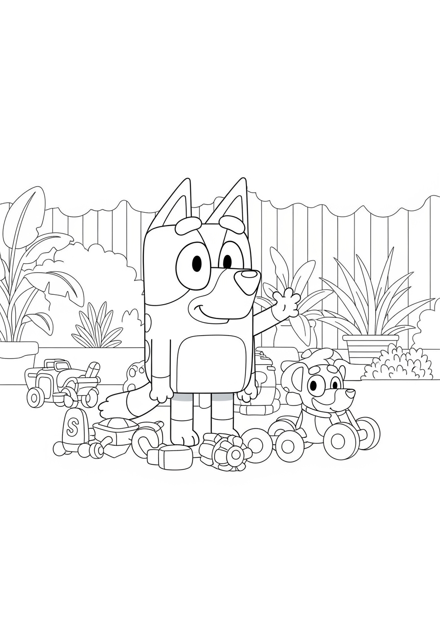 Desenho Bluey Brincando com Brinquedos para imprimir e colorir