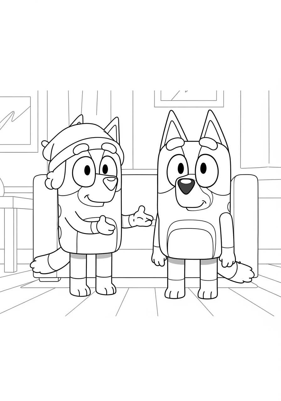 Desenho Bluey e Bingo Conversando para imprimir e colorir