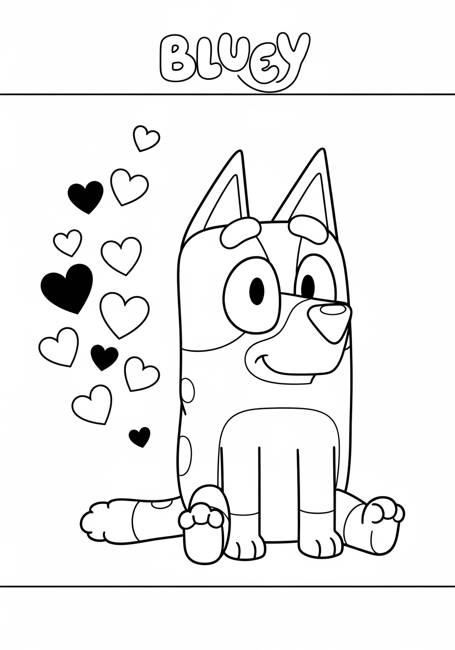 Desenho Bluey com corações para imprimir e colorir