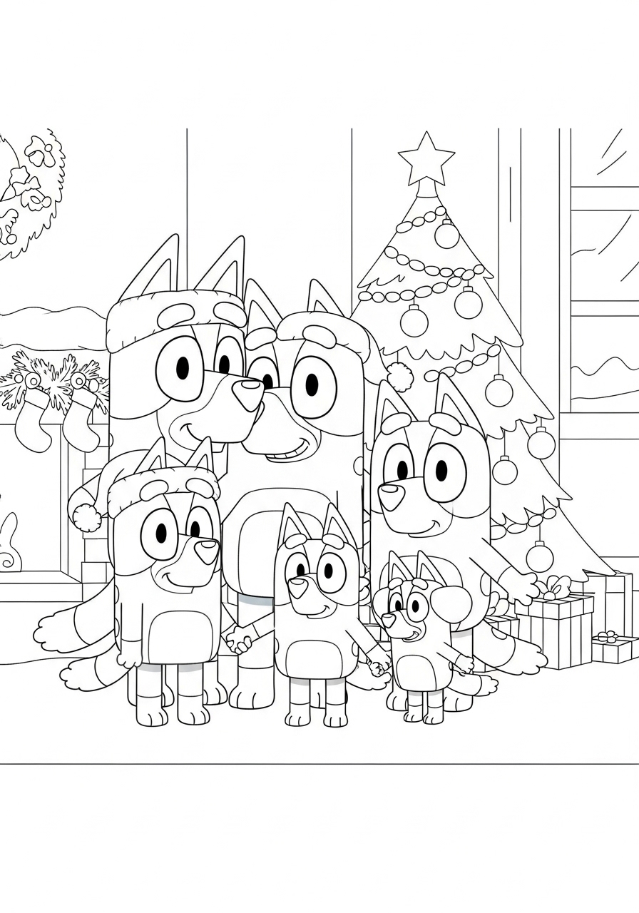 Desenho Bluey e Família Celebrando o Natal para colorir