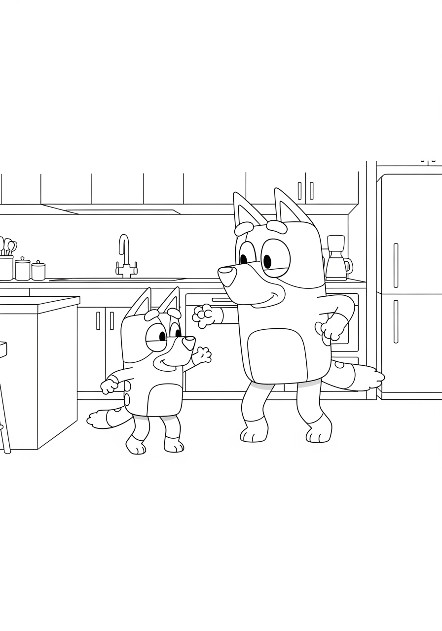 Desenho Bluey e Bingo na cozinha para imprimir e colorir