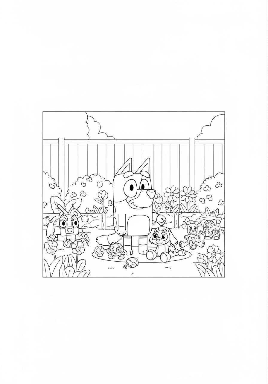 Desenho Bluey Brincando no Jardim para imprimir e colorir