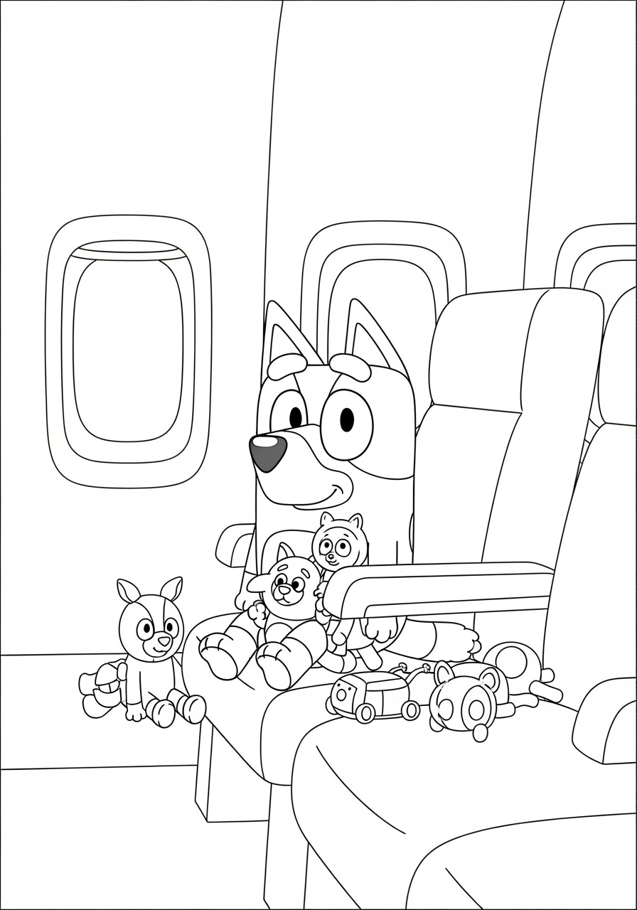Desenho Bluey no Avião com Brinquedos para colorir