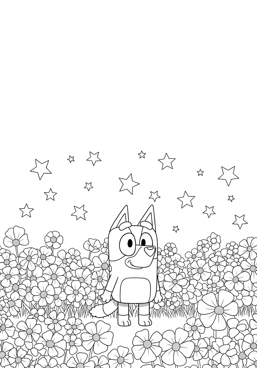 Desenho Bluey em um campo com flores e estrelas para colorir