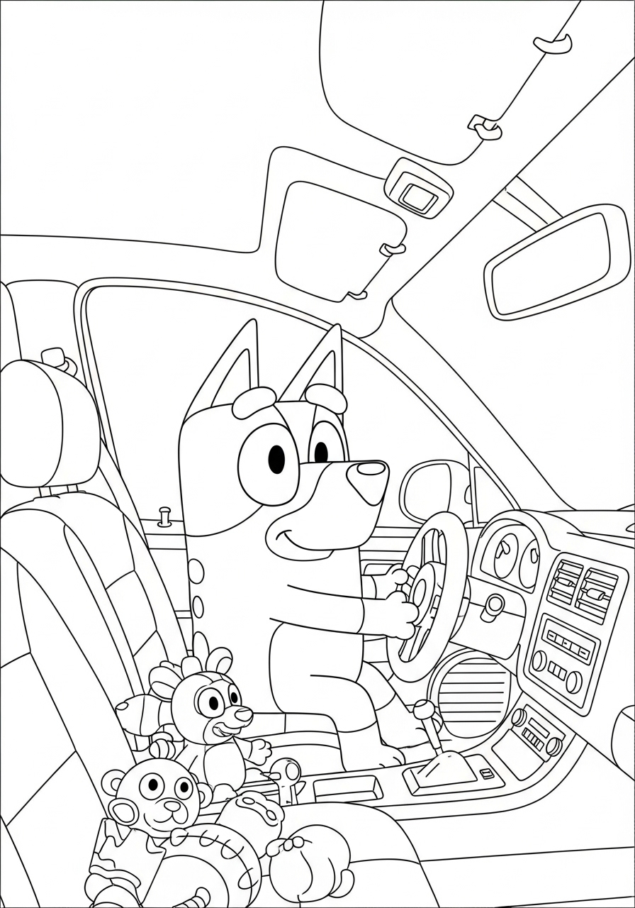 Desenho Bluey Dirigindo o Carro para imprimir e colorir