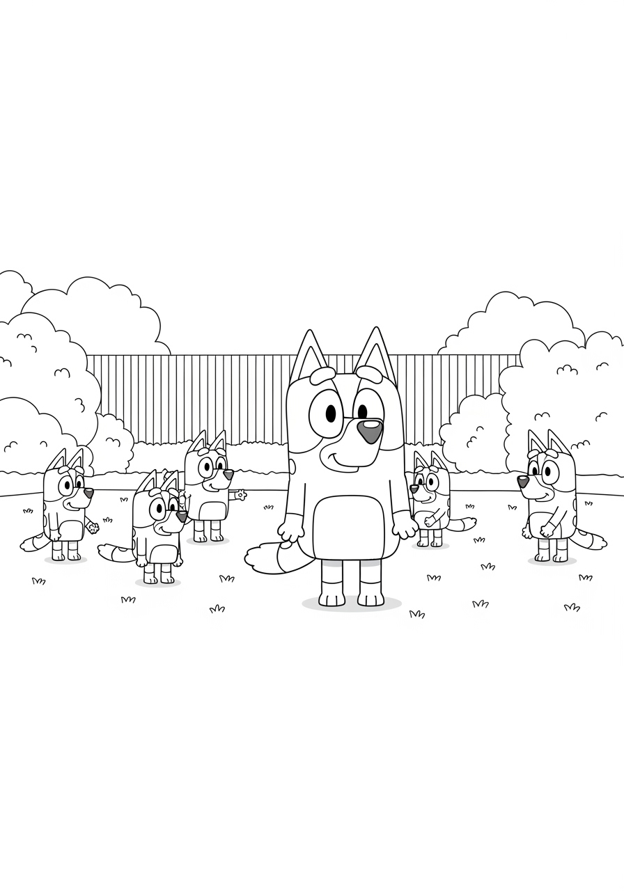 Desenho Bluey e seus amigos brincando ao ar livre para colorir