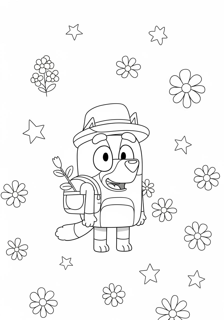 Desenho Bluey Com Chapéu e Mochila para imprimir e colorir