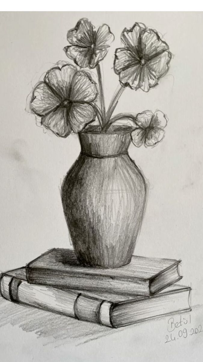 Desenho a Lápis: Vaso de Flores em Livros para Desenhar