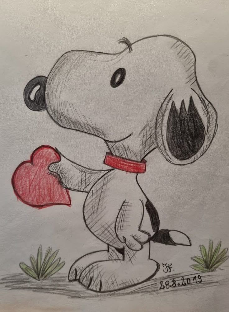 Desenho a Lápis: Snoopy seguro coração para desenhar