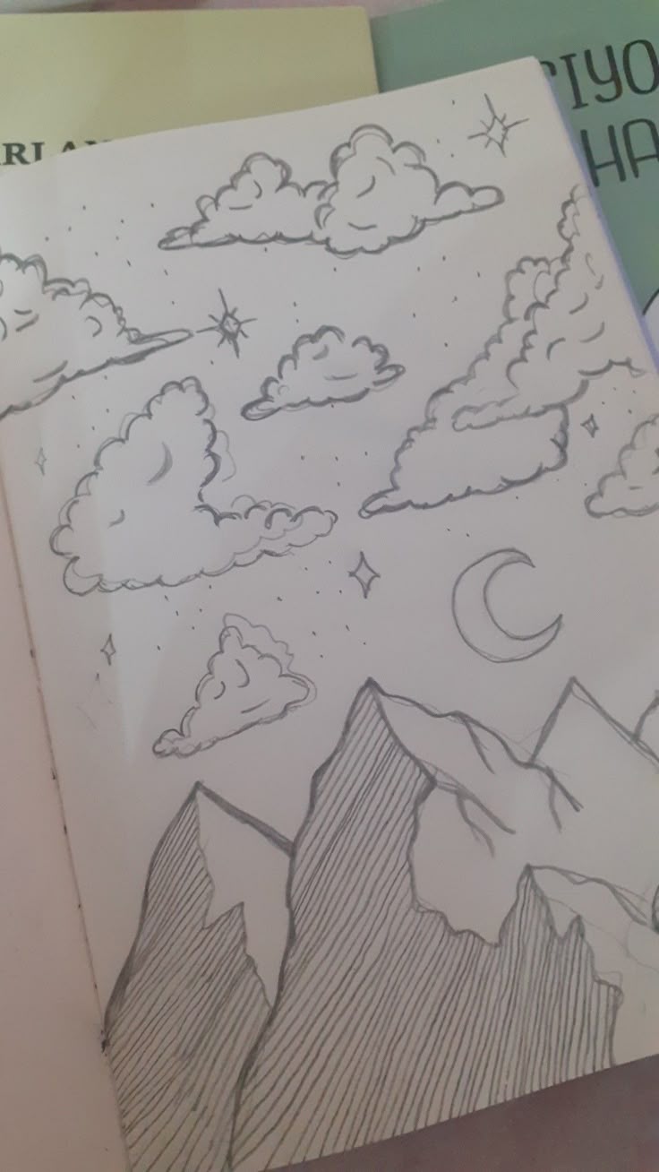 Desenho a Lápis: montanhas nuvens e estrelas