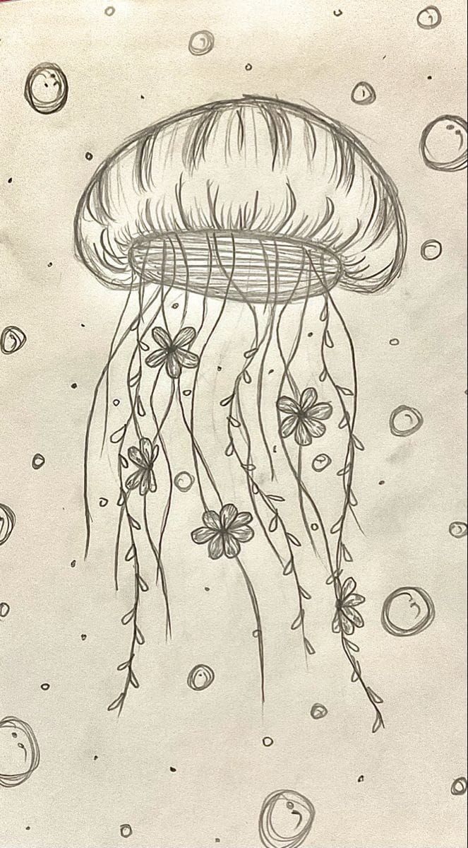 Desenho a Lápis: água-viva com flores para desenhar