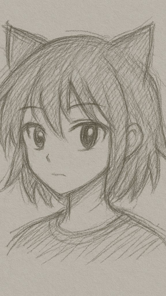 Desenho a Lápis: Personagem de Anime com Orelhas de Gato
