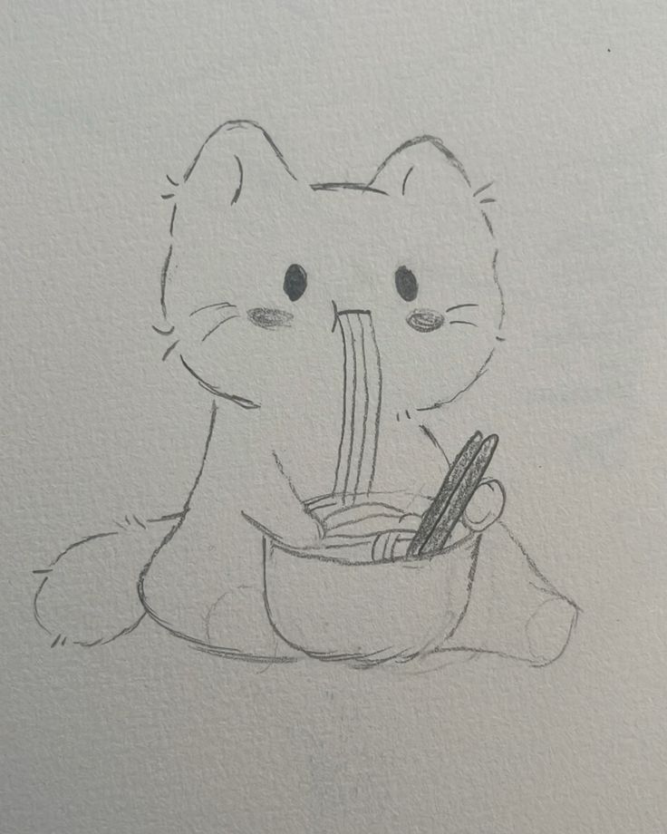 Desenho a Lápis: Gatinho Fofo Saboreando Macarrão