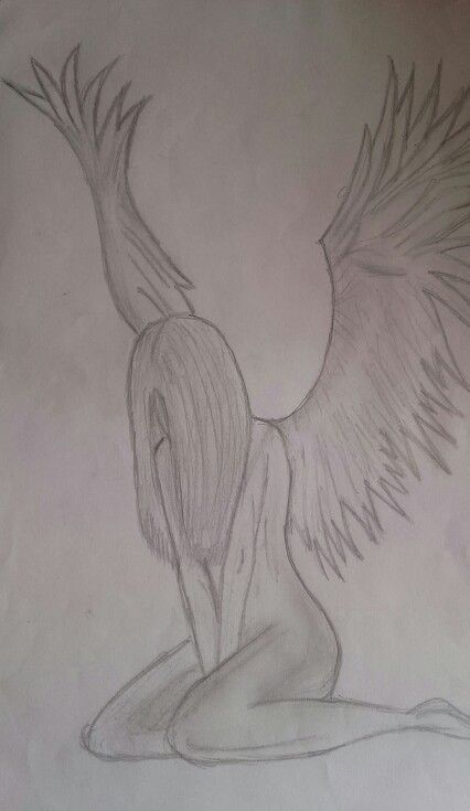 Desenho a Lápis: figura ajoelhada com asas grandes