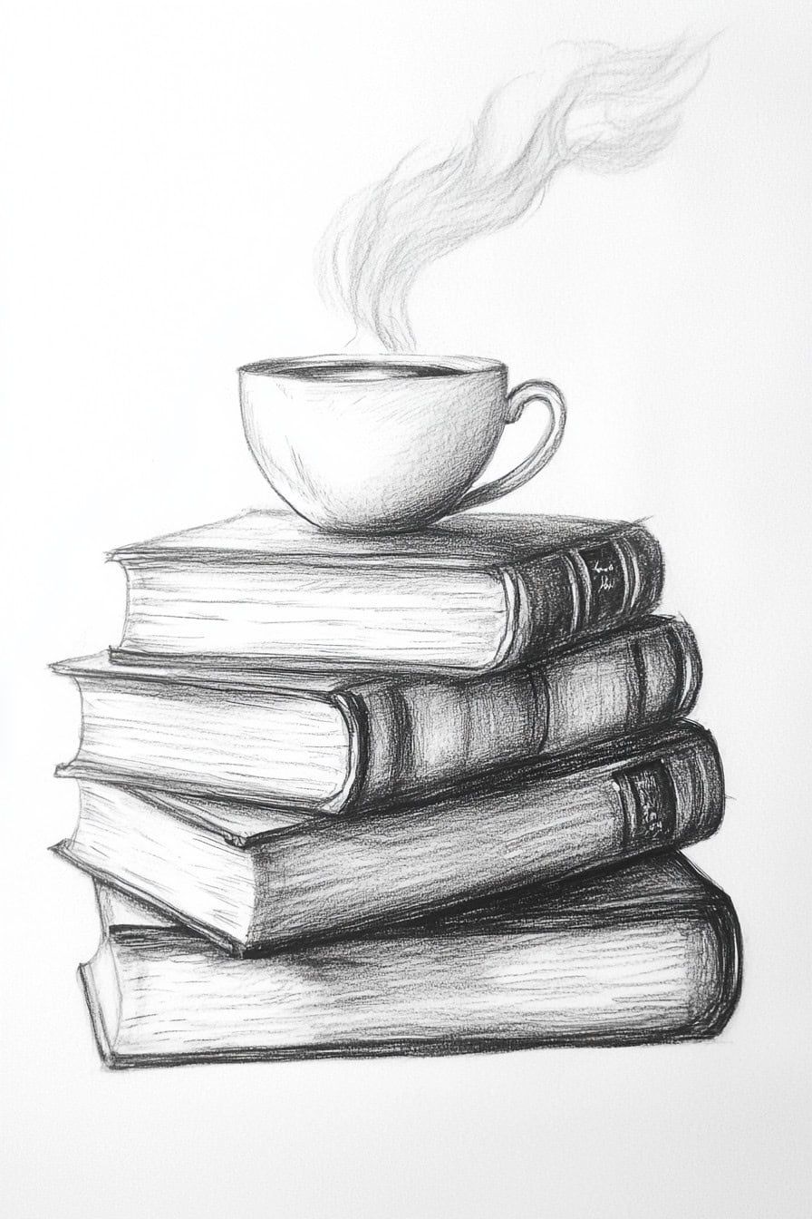 Desenho a Lápis: xícara de café sobre pilha de livros